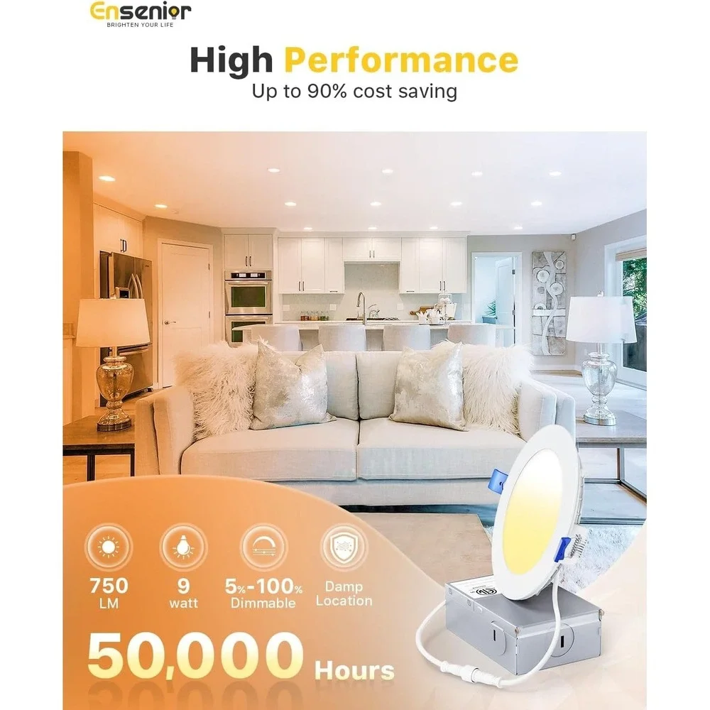 6 Pack Ensenior 4 Inch LED Ceiling Recessed Lights Dimmable 5CCT 750LM‎ 9W